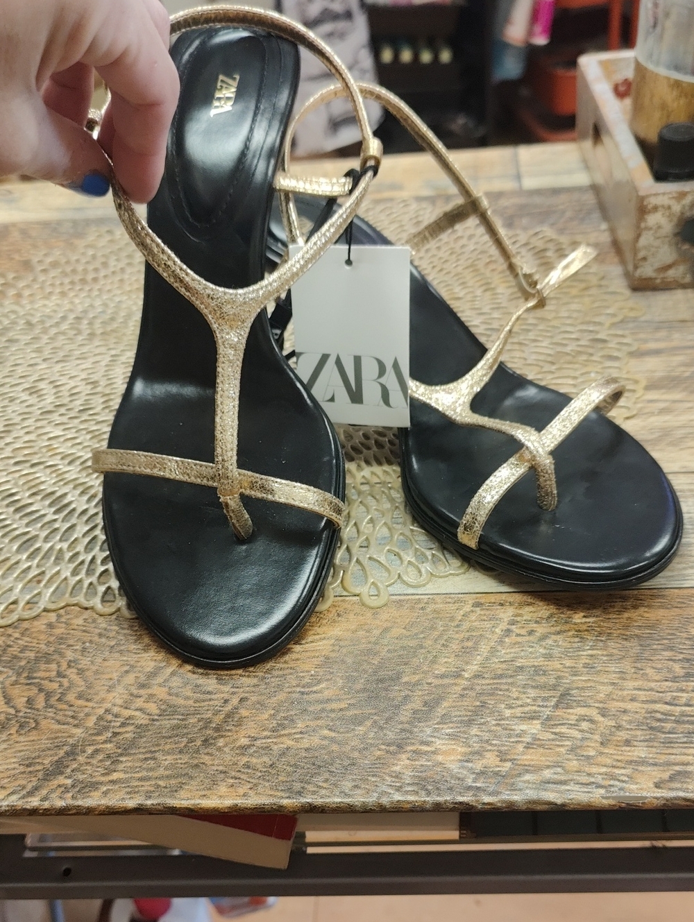 ZARA Black Footbed Sandals with Gold Strappy Upper
